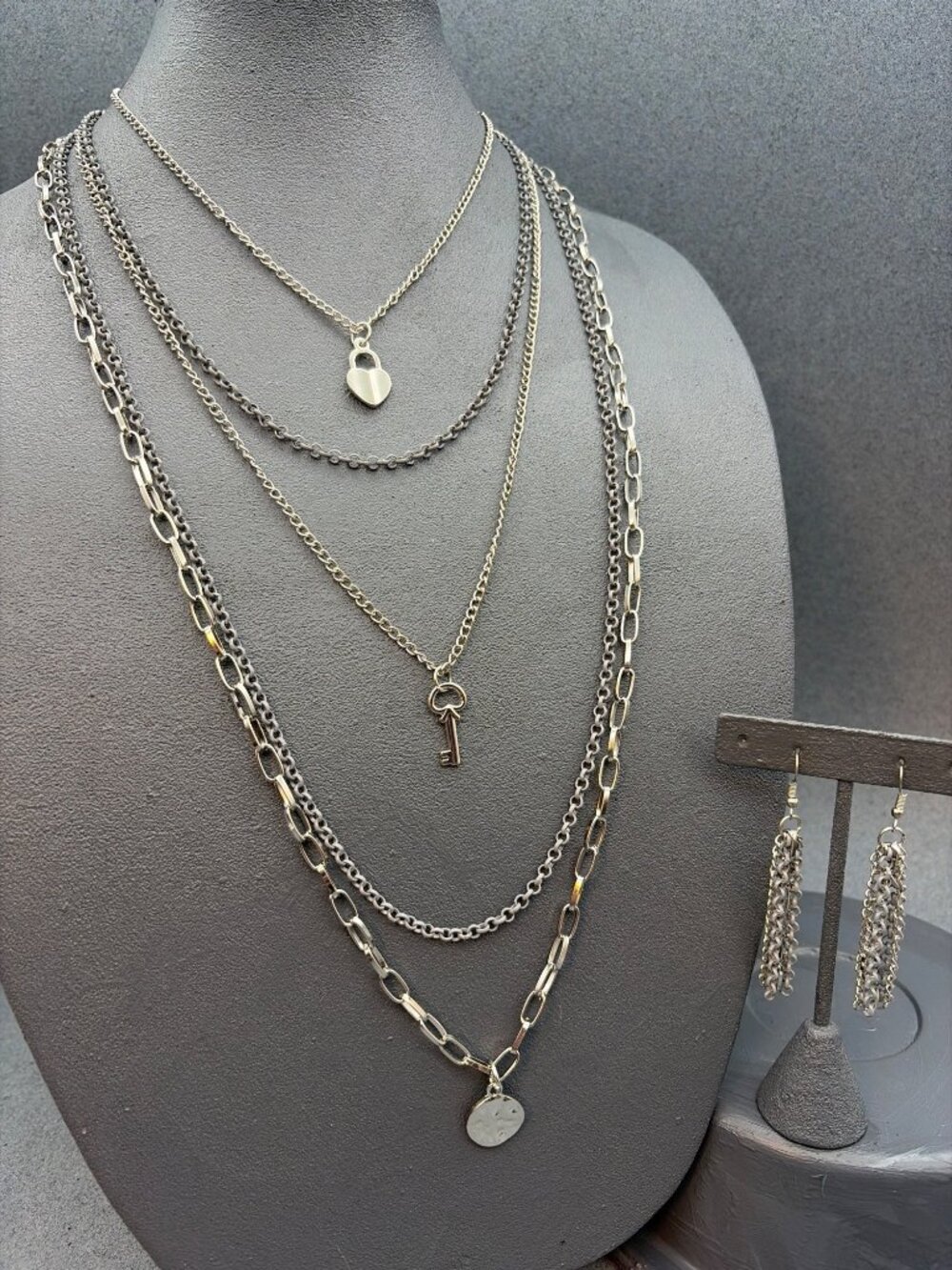 Layered Necklace Chain Earrings Set 14 In Heart Key Coin Charms Silver Gray Boho